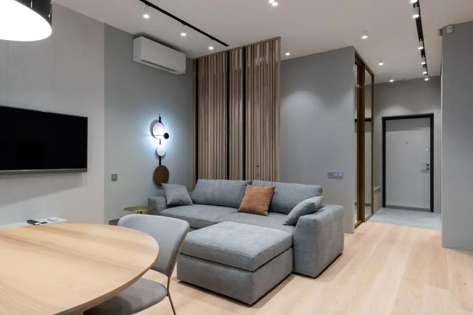Contemporary living space in calm neutral colours